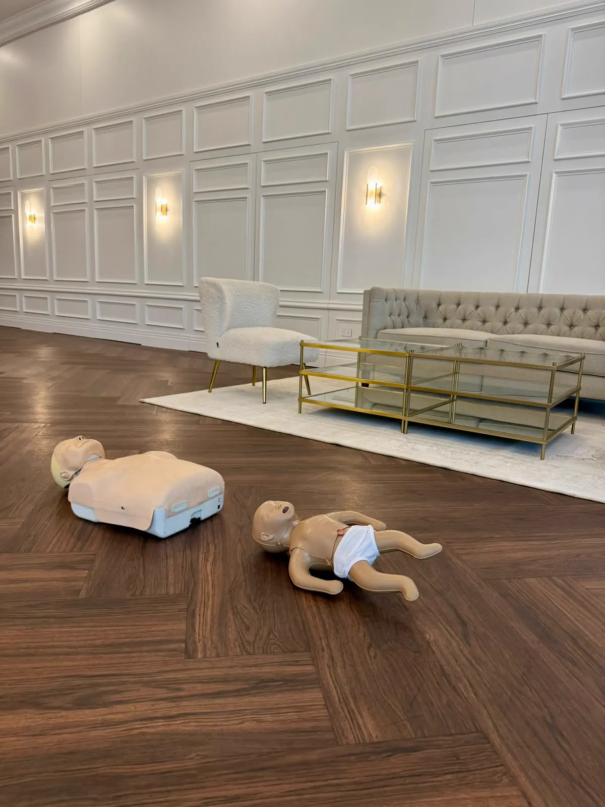 CPR manikins set up for onsite first aid training at an event venue